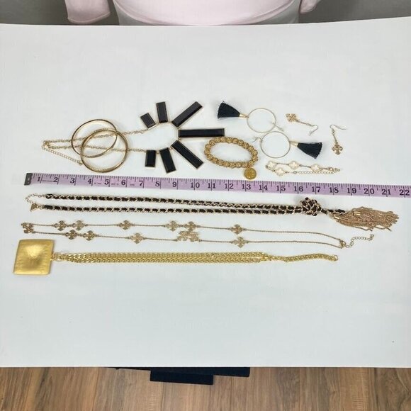 Gold Tone and Black Jewelry Lot Bracelets, Earrings & GUESS Long Rope Necklace - Picture 6 of 9
